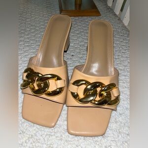 Tan Mules with Gold Chain Accent